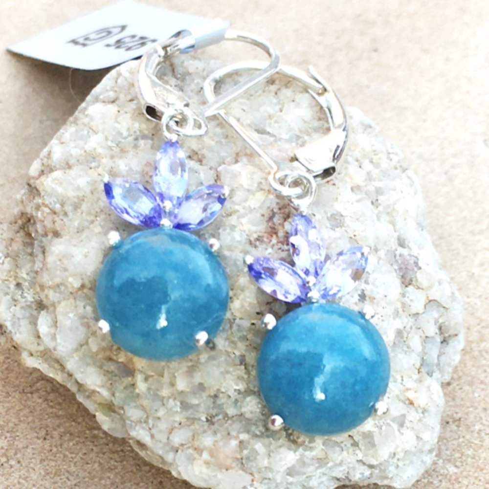 Natural Blue Quartz & Tanzanite .925 Earrings Sterling Silver Dangles Gemstones